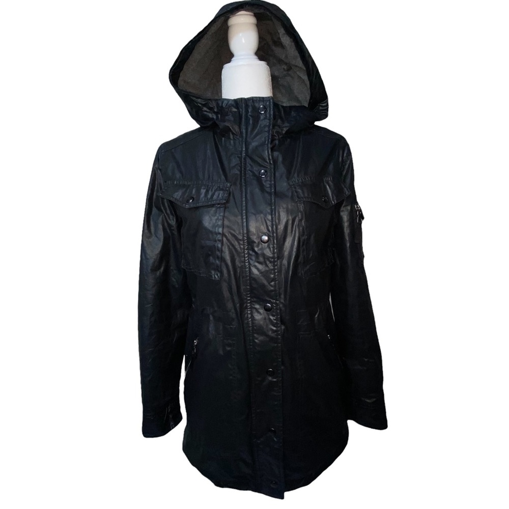 SAM NewYork black cotton blend coat rain jacket zipper pockets hood